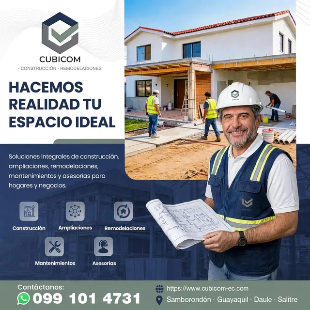 Anuncio de Cubicom «Hacemos realidad tu espacio ideal»: una casa en ampliación con obreros y un responsable de obra con casco de Cubicom.