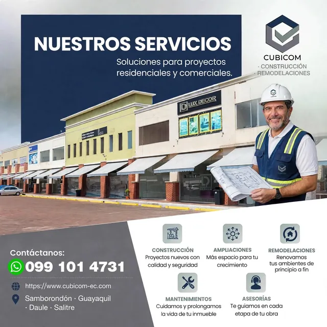 Anuncio de Cubicom «Nuestros servicios, soluciones para proyectos residenciales y comerciales»: locales comerciales y la descripción de cada servicio.