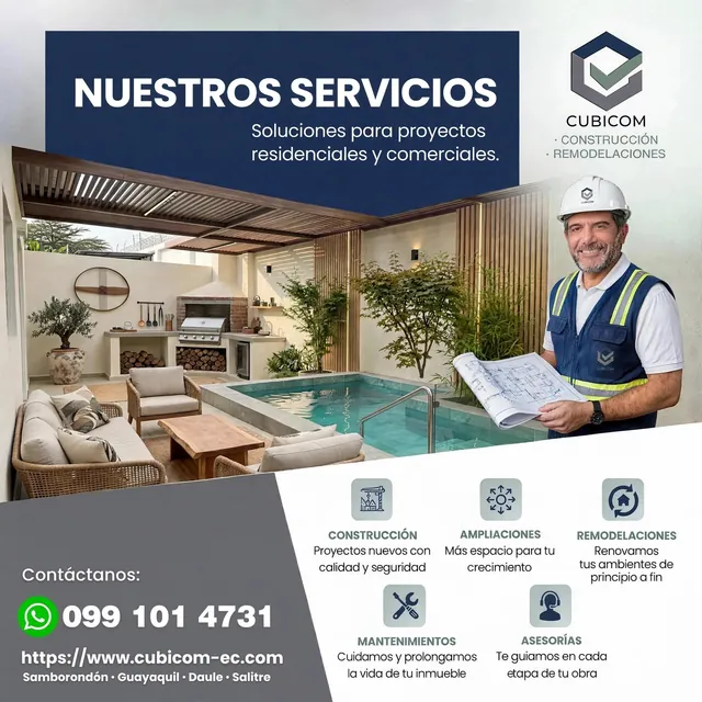 Anuncio de Cubicom «Nuestros servicios, soluciones para proyectos residenciales y comerciales»: un patio remodelado con piscina y la descripción de cada servicio.