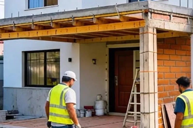 Obreros con chaleco ampliando la planta alta de una casa, con vigas y columnas nuevas