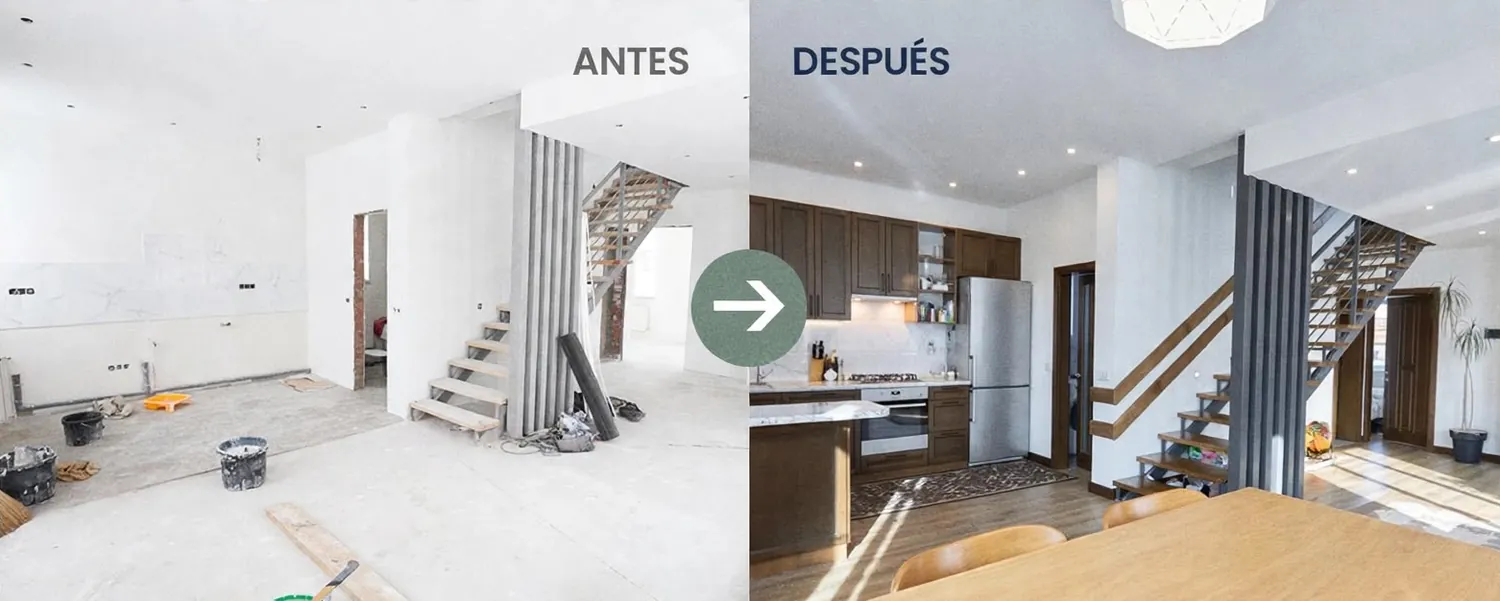 Antes y después de una remodelación: un ambiente en obra gris convertido en cocina y comedor terminados