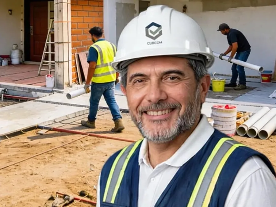 Responsable de obra de Cubicom con casco y chaleco de la empresa, con su equipo trabajando detrás