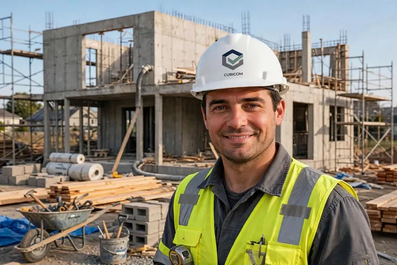 Responsable de obra de Cubicom con casco frente a una vivienda de dos plantas en construcción, con andamios y materiales