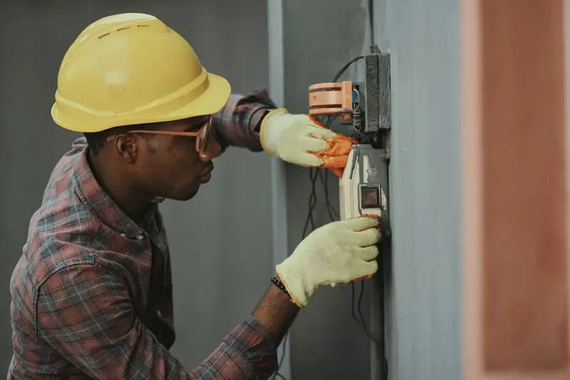 Electricista con casco reparando una instalación eléctrica